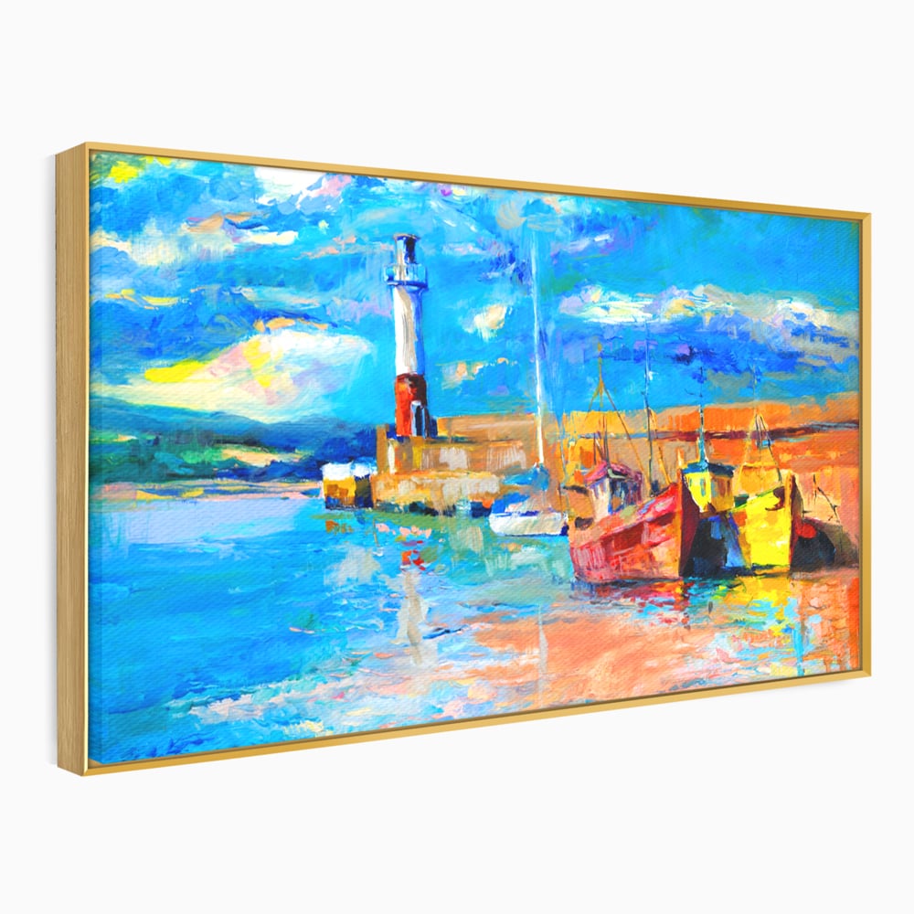Tablou canvas cu tablou canvas cu far si barci, in rama de aluminiu auriu