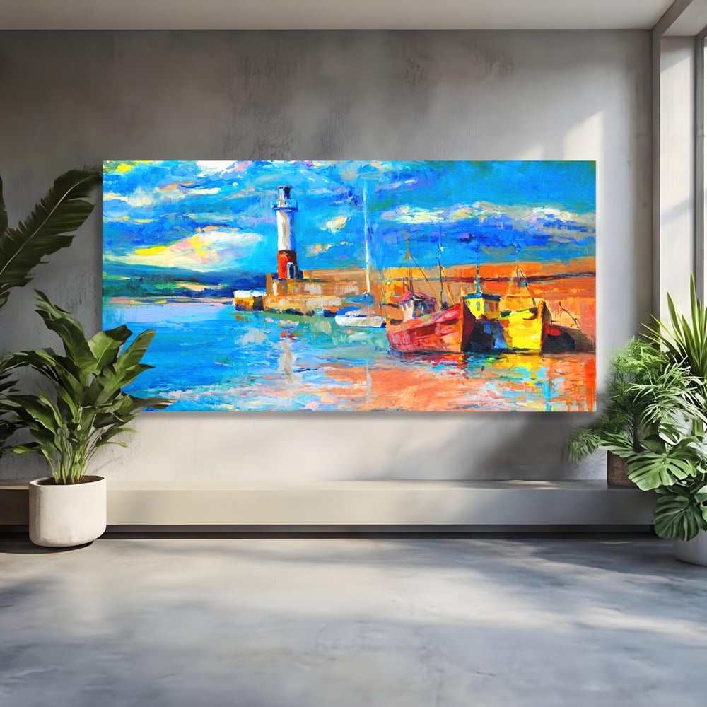 Tablou canvas cu tablou canvas cu far si barci, fara rama, pe sasiu de lemn
