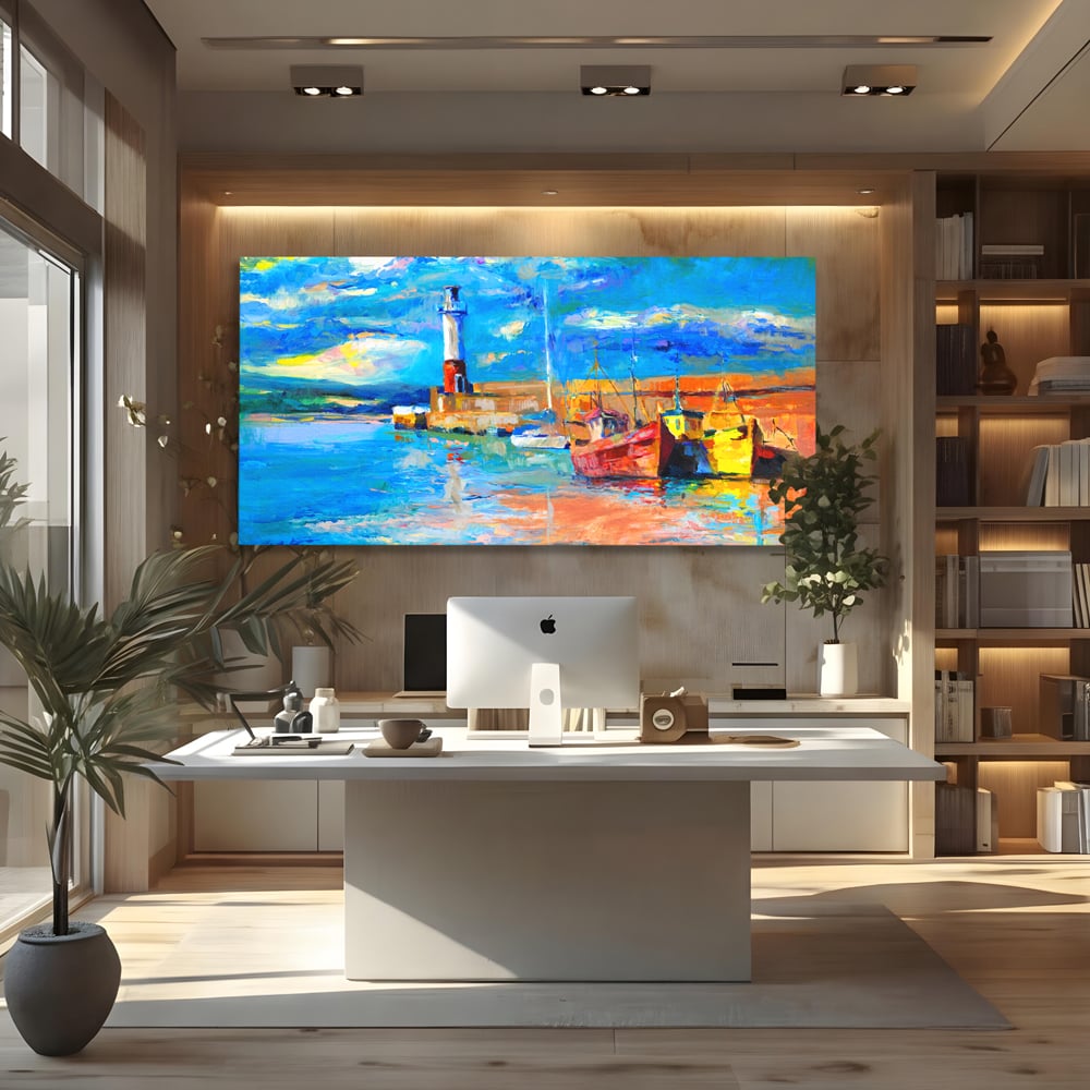 Tablou canvas cu tablou canvas cu far si barci, fara rama, pe sasiu de lemn, pe perete intr-un birou