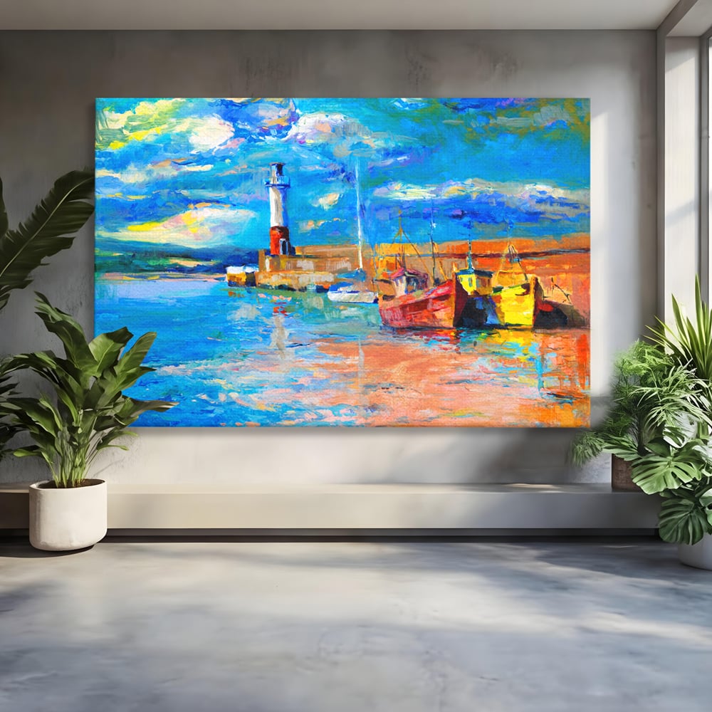 Tablou canvas cu tablou canvas cu far si barci, fara rama, pe sasiu de lemn