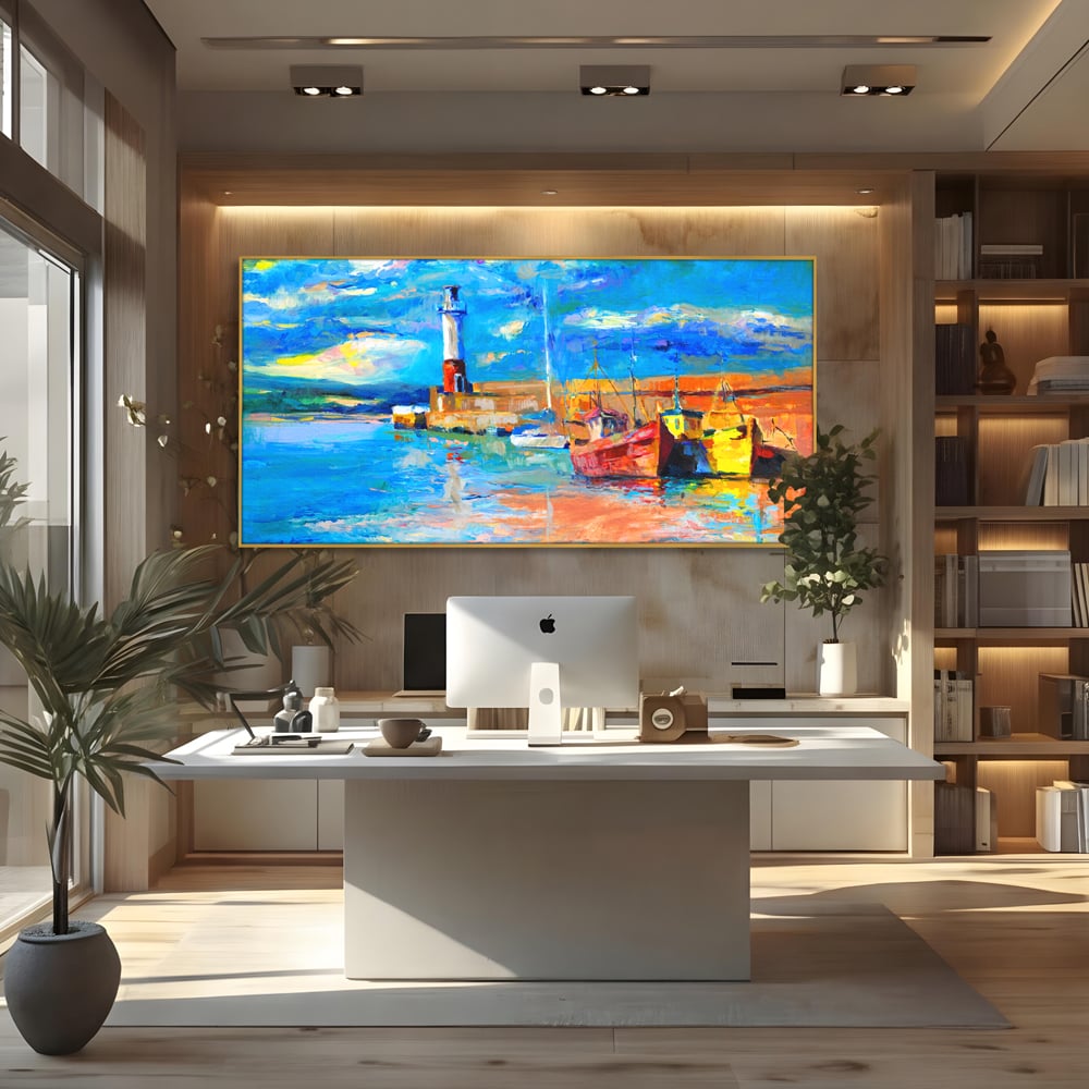 Tablou canvas cu tablou canvas cu far si barci, in rama de aluminiu auriu, pe perete intr-un birou