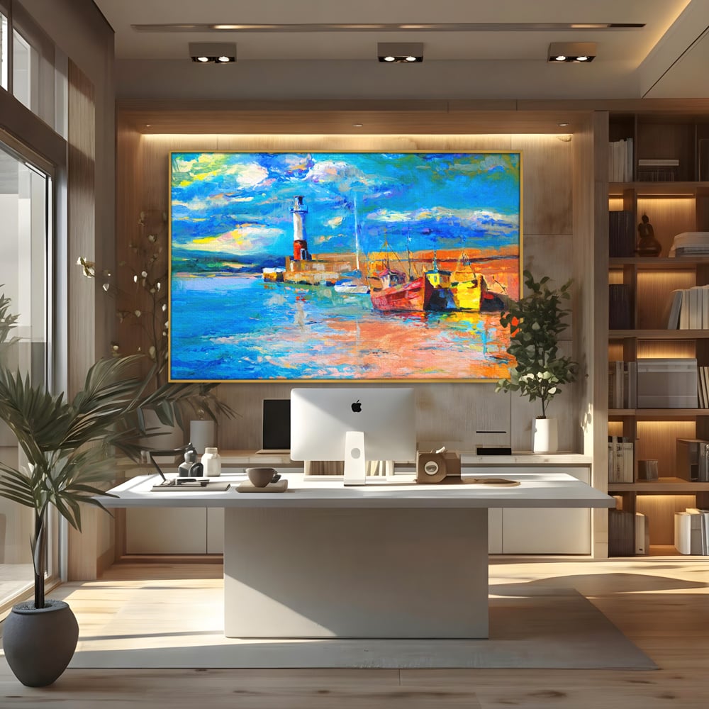 Tablou canvas cu tablou canvas cu far si barci, in rama de aluminiu auriu, pe perete intr-un birou