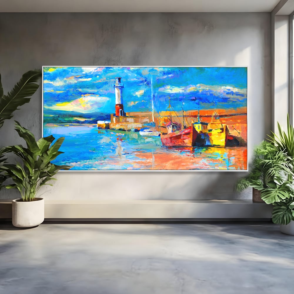 Tablou canvas cu tablou canvas cu far si barci, in rama de aluminiu argintiu