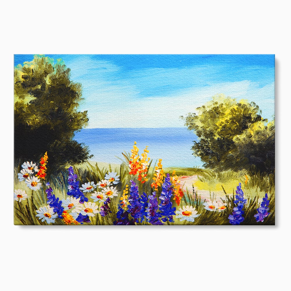 Tablou canvas cu tablou canvas cu peisaj marin si flori de camp, fara rama, pe sasiu de lemn
