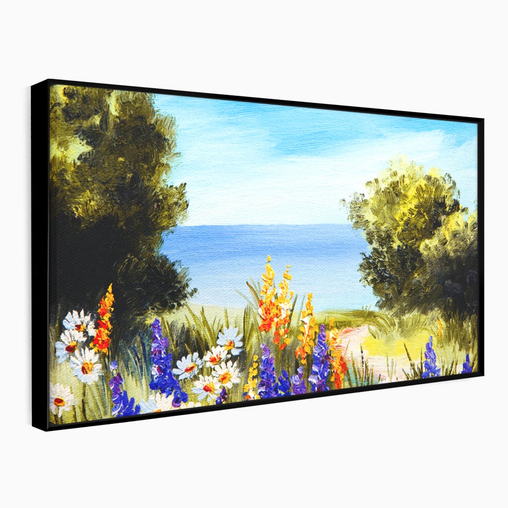 Tablou canvas cu tablou canvas cu peisaj marin si flori de camp, in rama de aluminiu negru