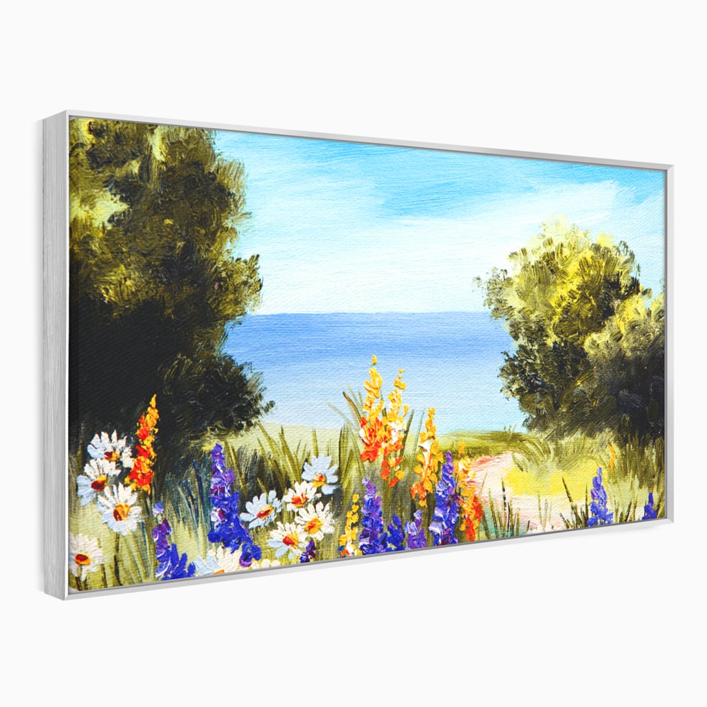 Tablou canvas cu tablou canvas cu peisaj marin si flori de camp, in rama de aluminiu argintiu