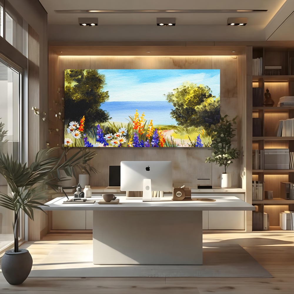 Tablou canvas cu tablou canvas cu peisaj marin si flori de camp, fara rama, pe sasiu de lemn, pe perete intr-un birou
