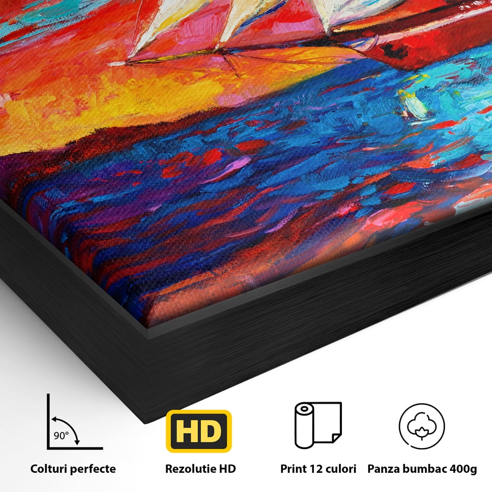 Detaliu al suprafetei: tablou canvas cu vapor cu vele pe mare, in rama de aluminiu negru