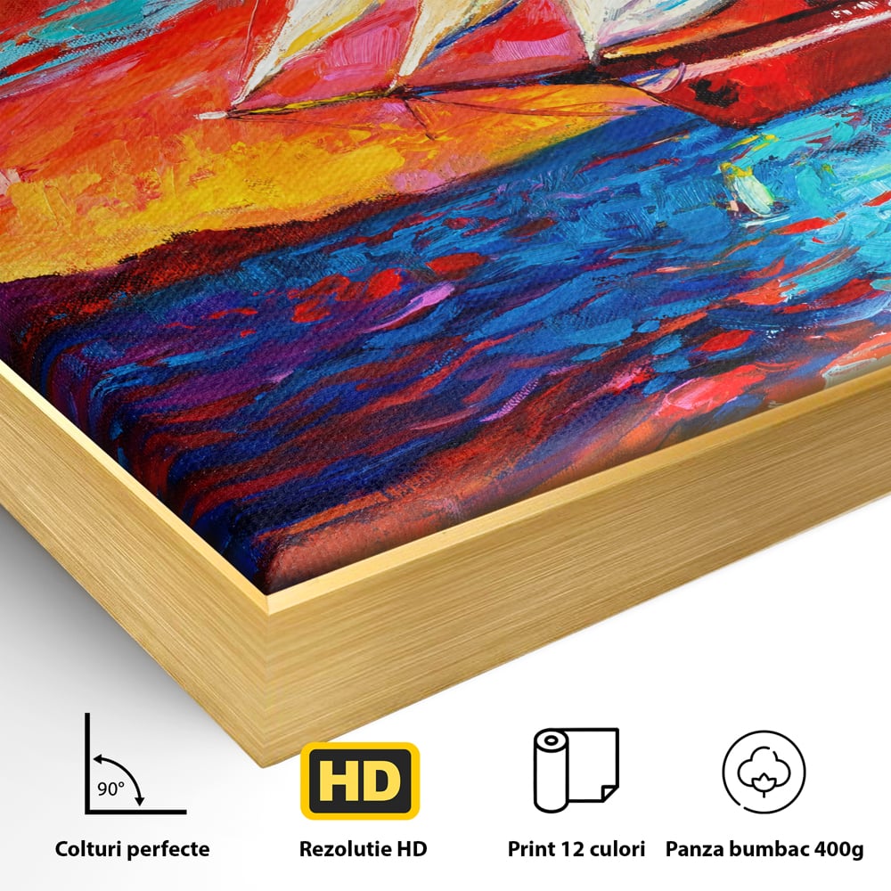 Detaliu al suprafetei: tablou canvas cu vapor cu vele pe mare, in rama de aluminiu auriu