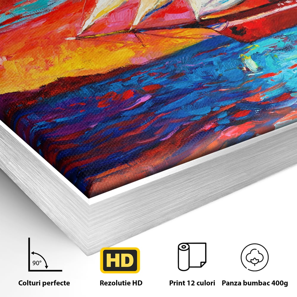 Detaliu al suprafetei: tablou canvas cu vapor cu vele pe mare, in rama de aluminiu argintiu