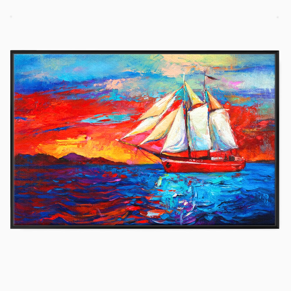 Tablou canvas cu tablou canvas cu vapor cu vele pe mare, in rama de aluminiu negru