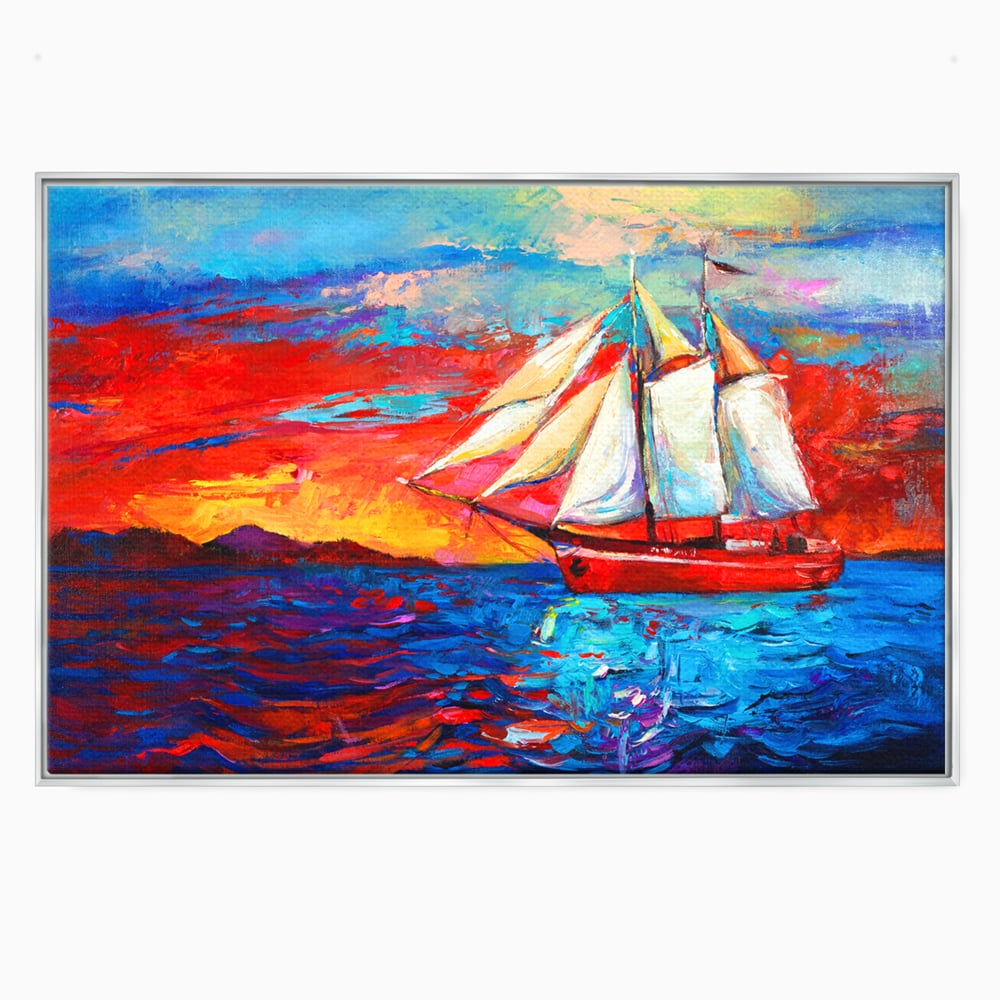Tablou canvas cu tablou canvas cu vapor cu vele pe mare, in rama de aluminiu argintiu
