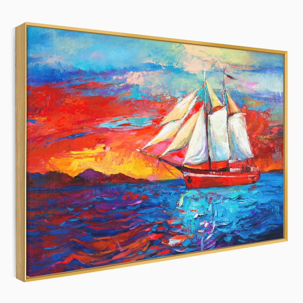 Tablou canvas cu tablou canvas cu vapor cu vele pe mare, in rama de aluminiu auriu