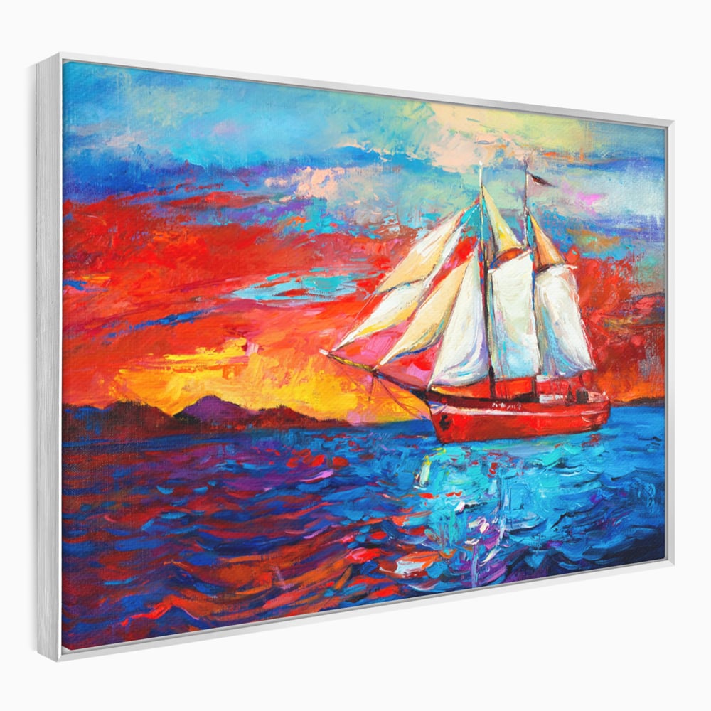 Tablou canvas cu tablou canvas cu vapor cu vele pe mare, in rama de aluminiu argintiu