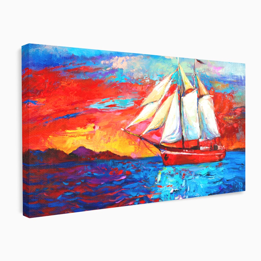 Tablou canvas cu tablou canvas cu vapor cu vele pe mare, fara rama, pe sasiu de lemn