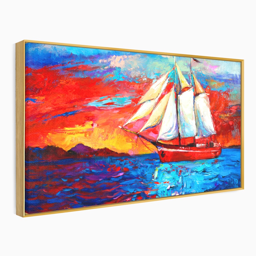 Tablou canvas cu tablou canvas cu vapor cu vele pe mare, in rama de aluminiu auriu
