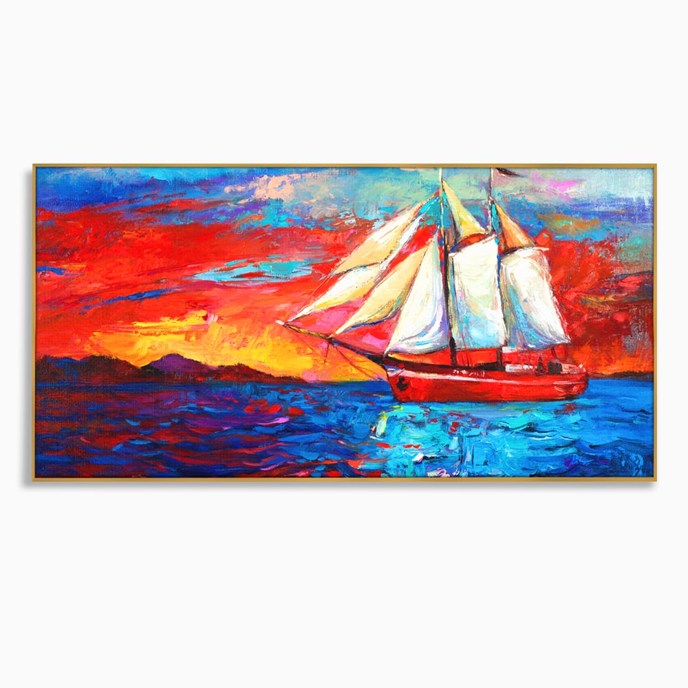 Tablou canvas cu tablou canvas cu vapor cu vele pe mare, in rama de aluminiu auriu