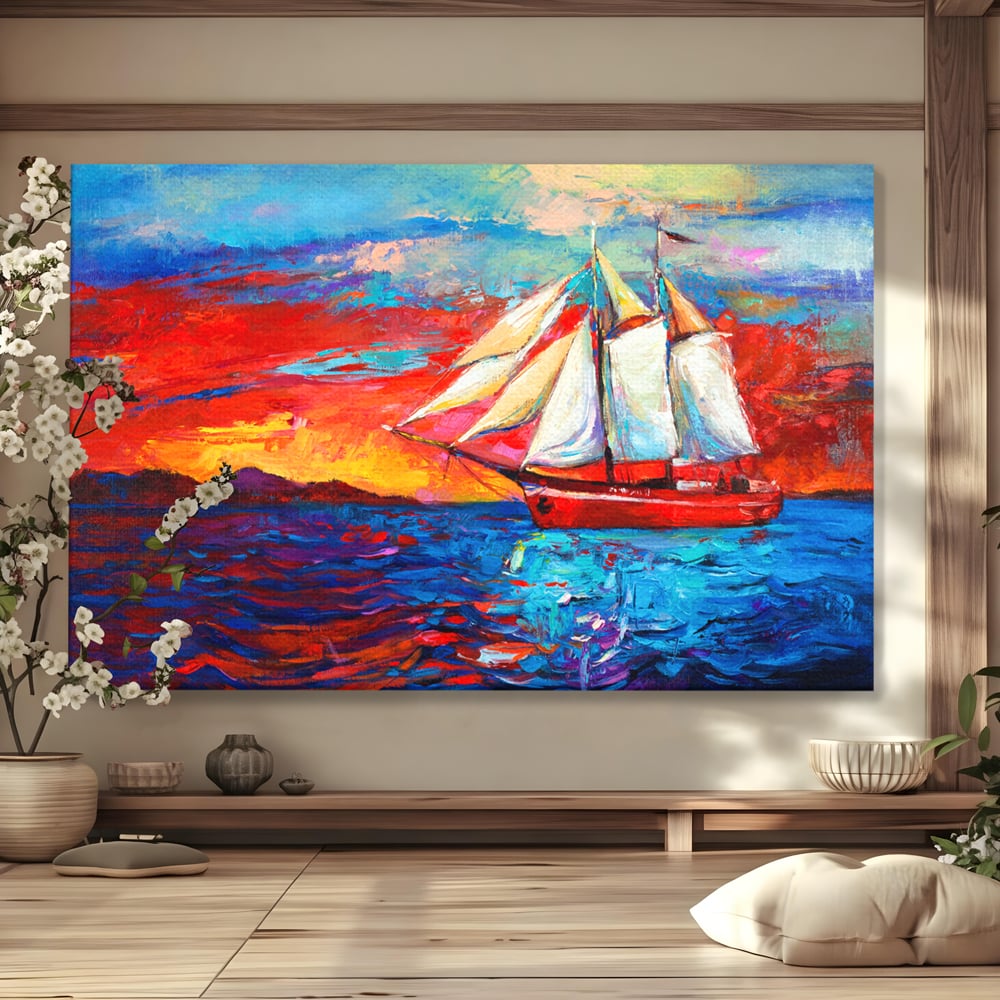 Tablou canvas cu tablou canvas cu vapor cu vele pe mare, fara rama, pe sasiu de lemn