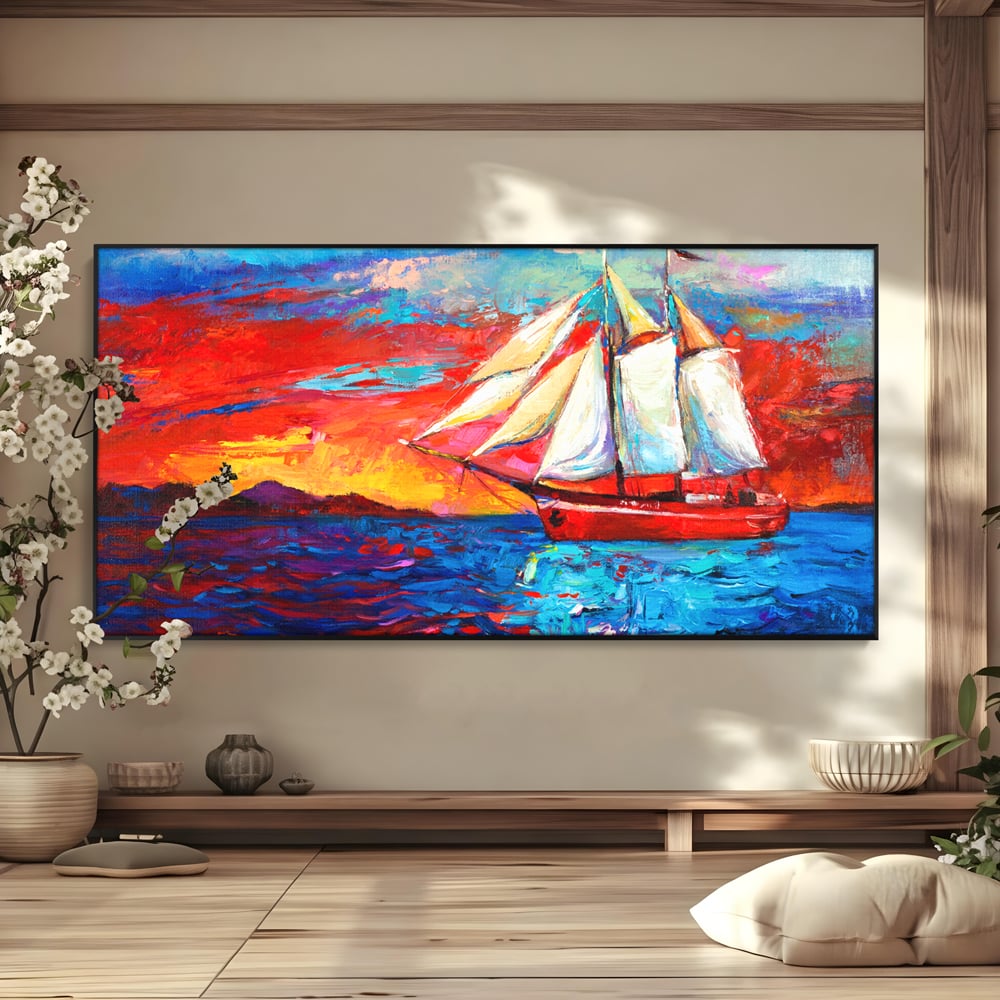 Tablou canvas cu tablou canvas cu vapor cu vele pe mare, in rama de aluminiu negru