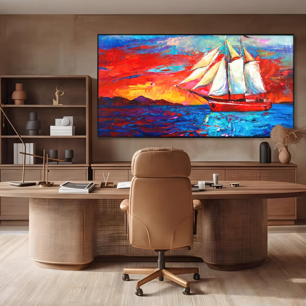 Tablou canvas cu tablou canvas cu vapor cu vele pe mare, in rama de aluminiu negru, pe perete intr-un birou