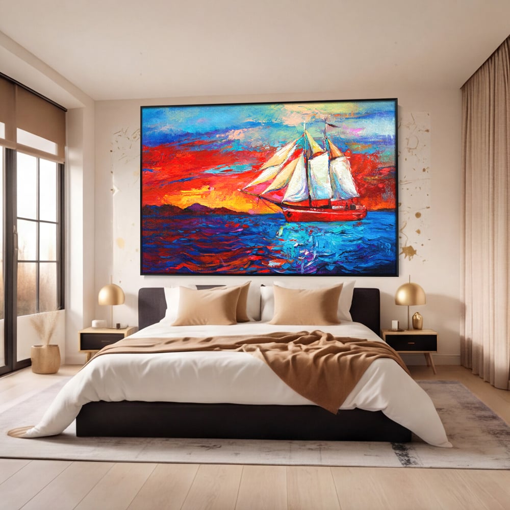 Tablou canvas cu tablou canvas cu vapor cu vele pe mare, in rama de aluminiu negru, pe perete intr-un dormitor