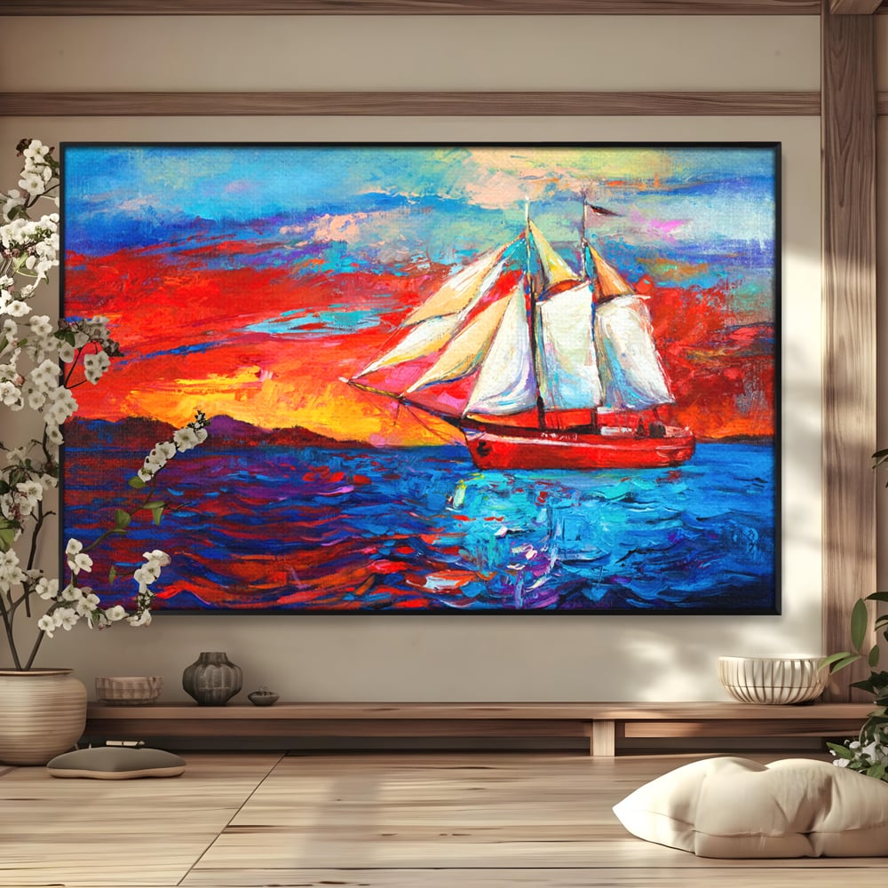 Tablou canvas cu tablou canvas cu vapor cu vele pe mare, in rama de aluminiu negru