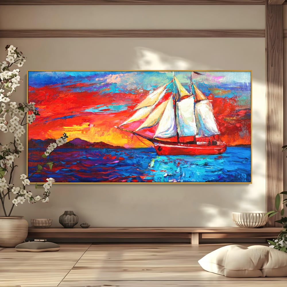 Tablou canvas cu tablou canvas cu vapor cu vele pe mare, in rama de aluminiu auriu
