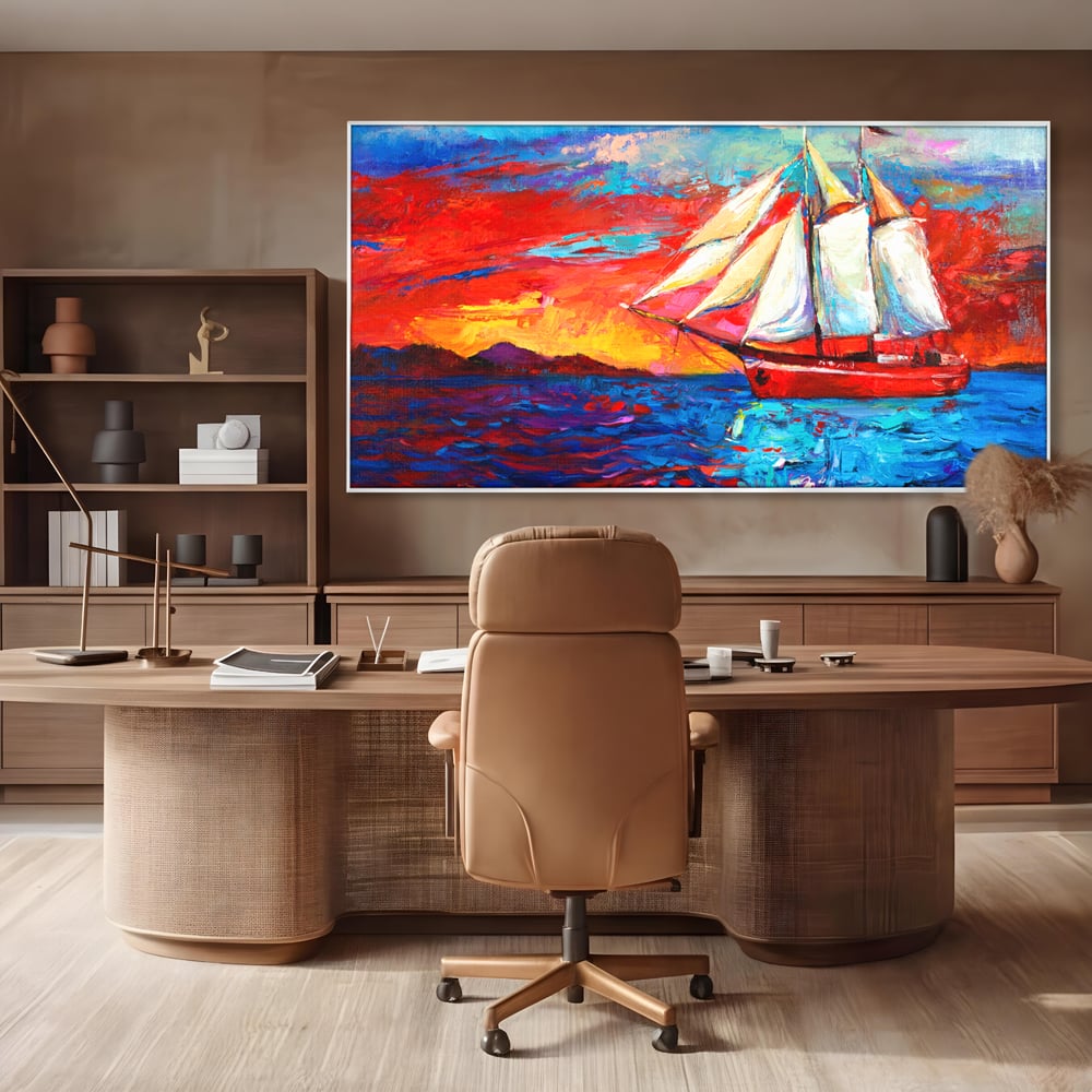 Tablou canvas cu tablou canvas cu vapor cu vele pe mare, in rama de aluminiu argintiu, pe perete intr-un birou