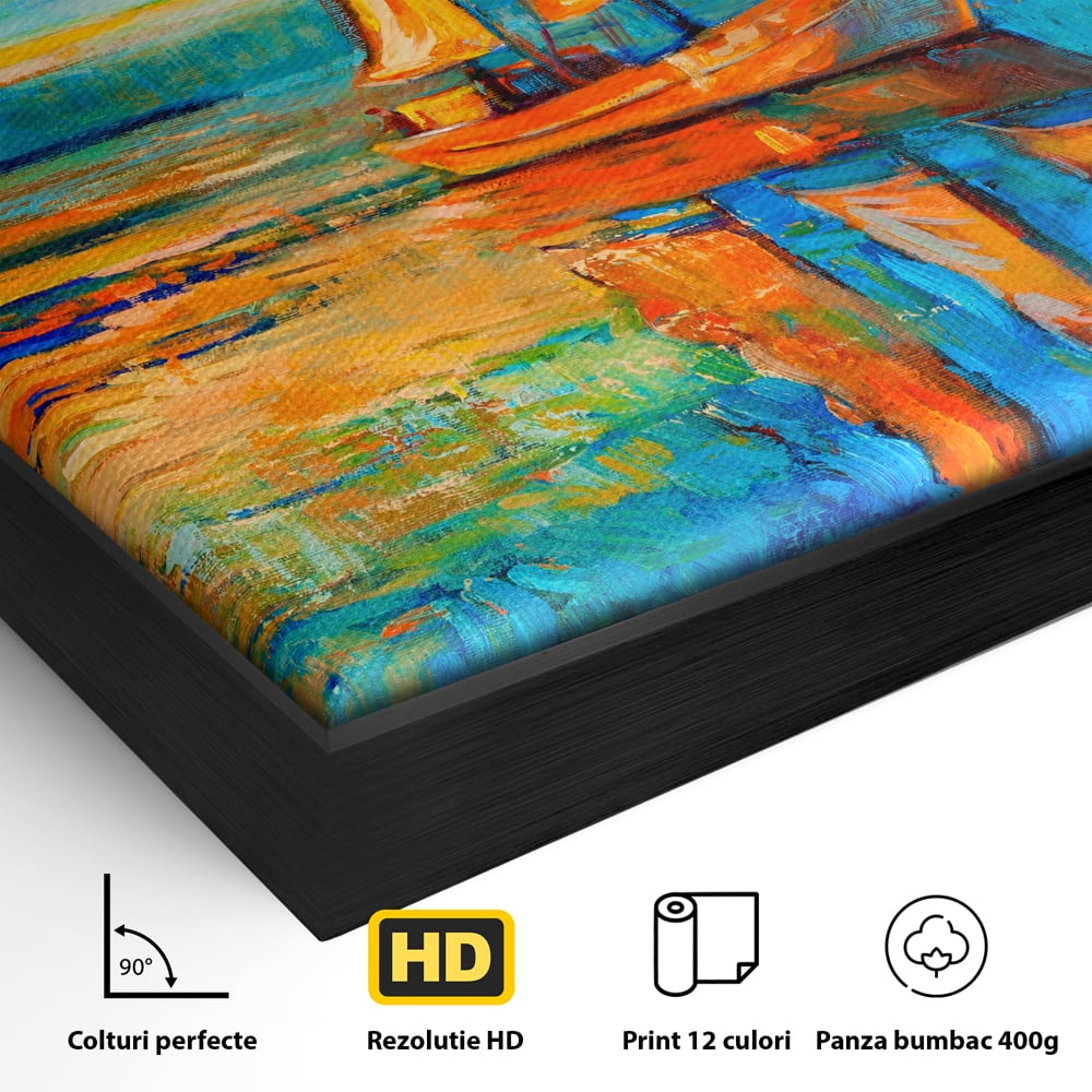 Detaliu al suprafetei: tablou canvas cu barca cu panze pe marea portocalie, in rama de aluminiu negru