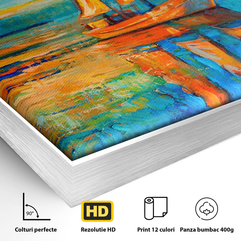 Detaliu al suprafetei: tablou canvas cu barca cu panze pe marea portocalie, in rama de aluminiu argintiu