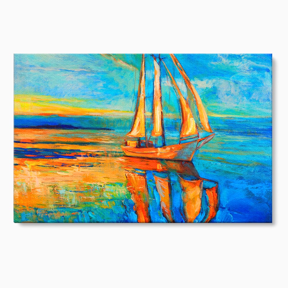 Tablou canvas cu tablou canvas cu barca cu panze pe marea portocalie, fara rama, pe sasiu de lemn