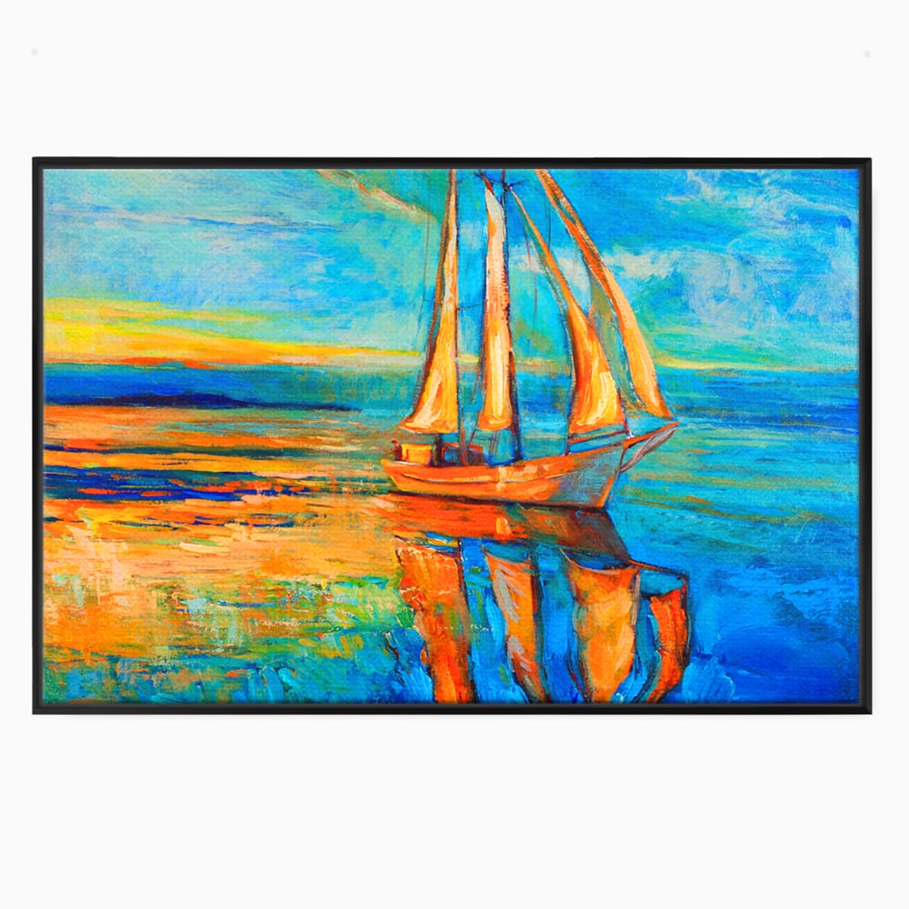 Tablou canvas cu tablou canvas cu barca cu panze pe marea portocalie, in rama de aluminiu negru