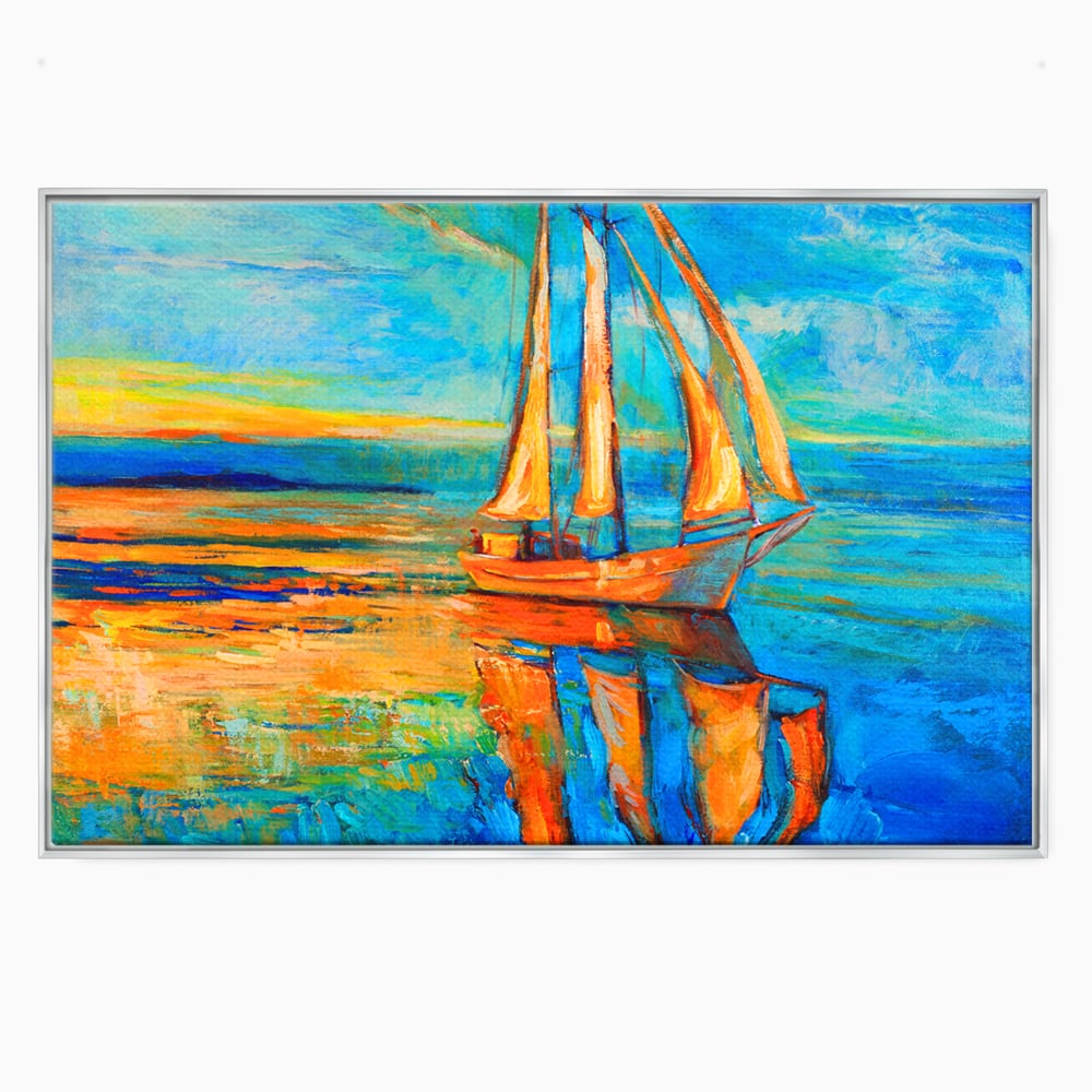 Tablou canvas cu tablou canvas cu barca cu panze pe marea portocalie, in rama de aluminiu argintiu