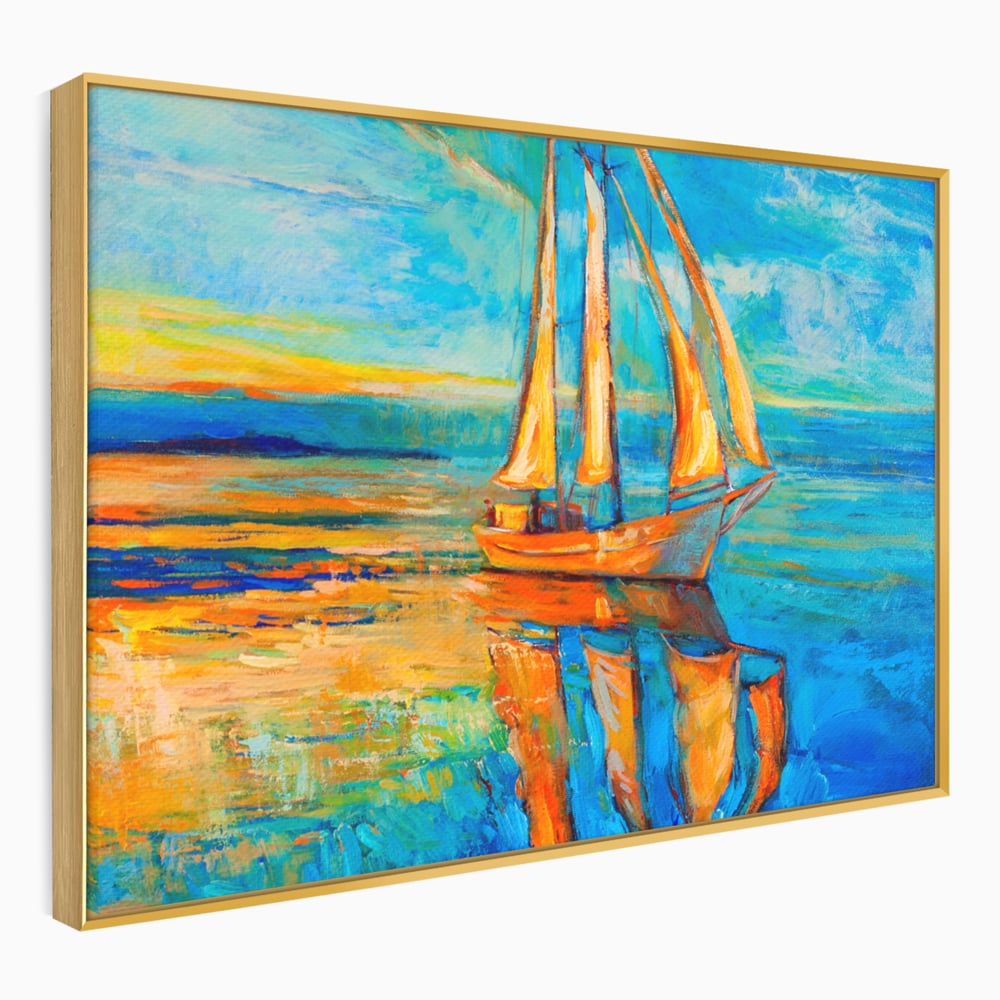 Tablou canvas cu tablou canvas cu barca cu panze pe marea portocalie, in rama de aluminiu auriu