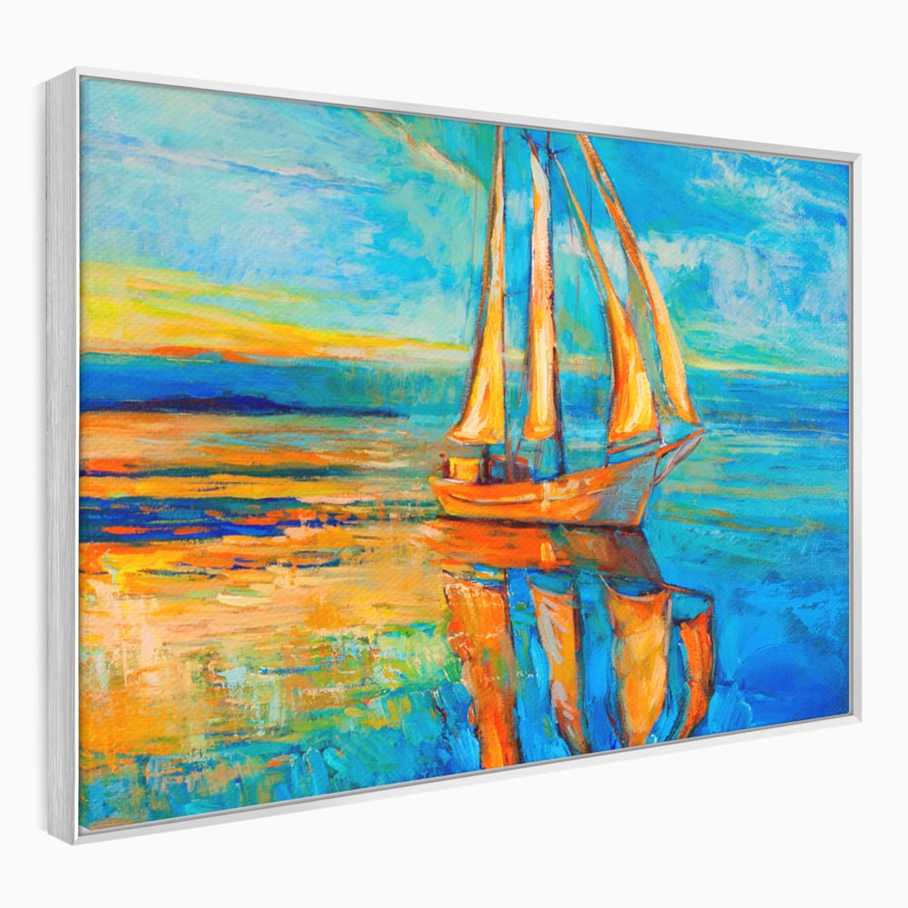 Tablou canvas cu tablou canvas cu barca cu panze pe marea portocalie, in rama de aluminiu argintiu