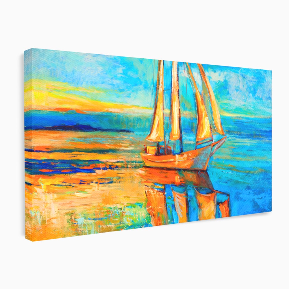 Tablou canvas cu tablou canvas cu barca cu panze pe marea portocalie, fara rama, pe sasiu de lemn