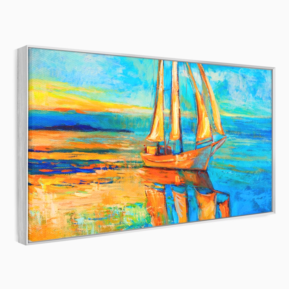Tablou canvas cu tablou canvas cu barca cu panze pe marea portocalie, in rama de aluminiu argintiu