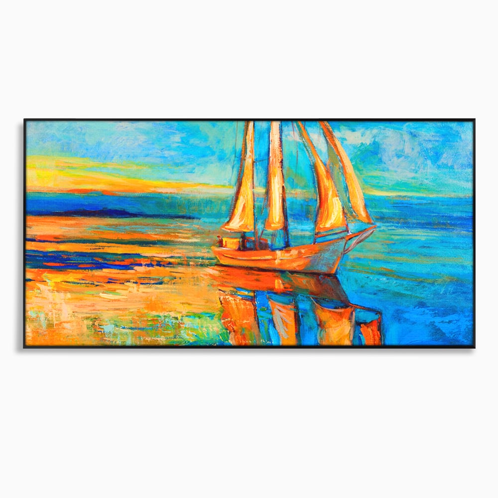 Tablou canvas cu tablou canvas cu barca cu panze pe marea portocalie, in rama de aluminiu negru
