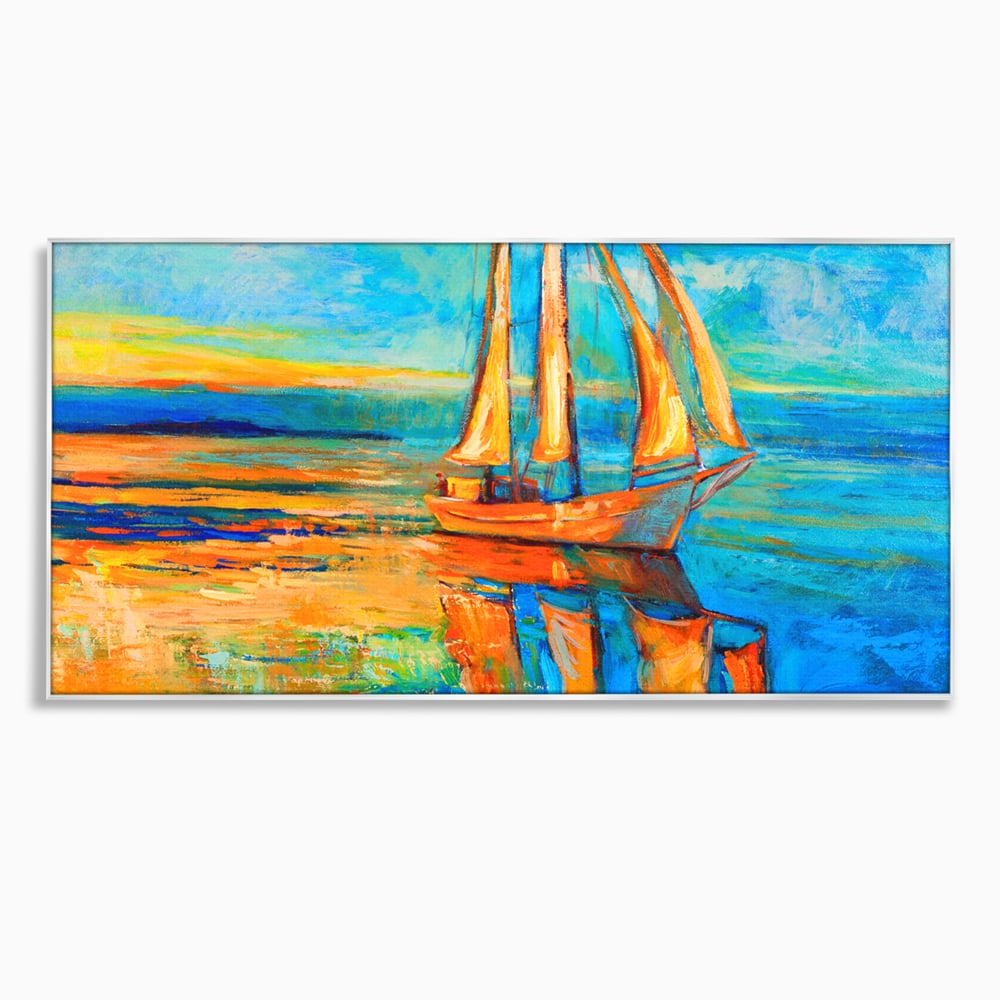 Tablou canvas cu tablou canvas cu barca cu panze pe marea portocalie, in rama de aluminiu argintiu