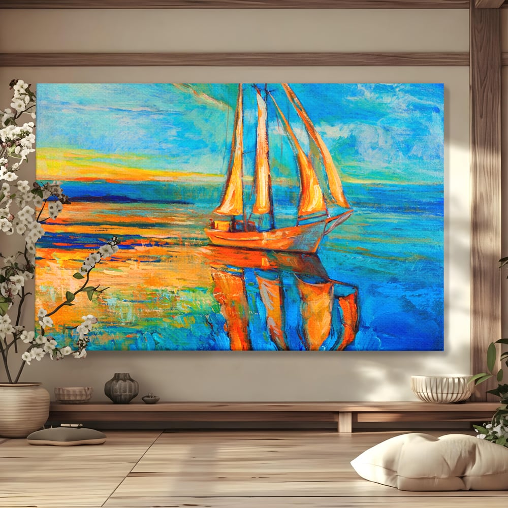Tablou canvas cu tablou canvas cu barca cu panze pe marea portocalie, fara rama, pe sasiu de lemn