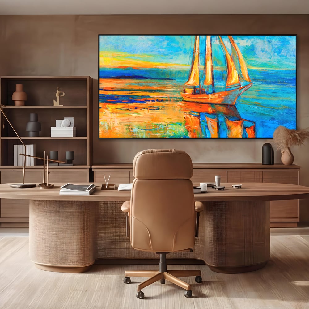 Tablou canvas cu tablou canvas cu barca cu panze pe marea portocalie, in rama de aluminiu negru, pe perete intr-un birou