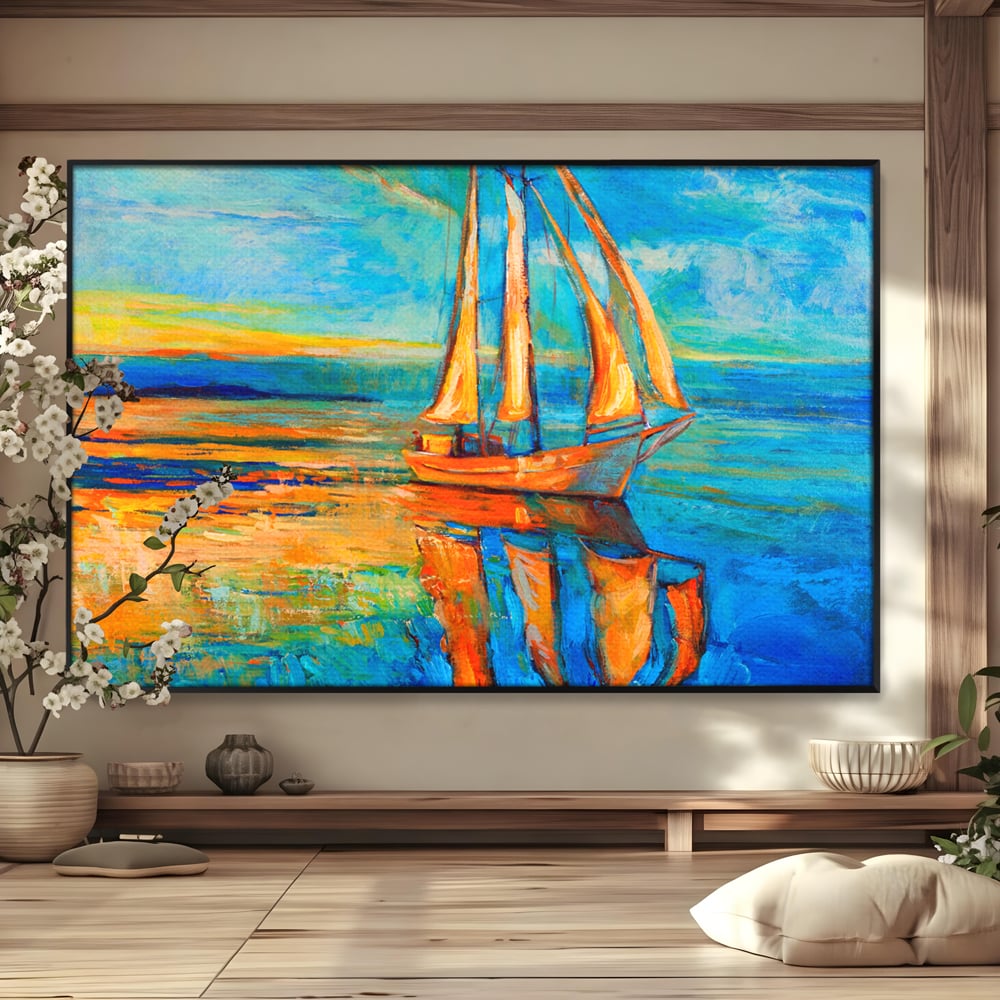 Tablou canvas cu tablou canvas cu barca cu panze pe marea portocalie, in rama de aluminiu negru