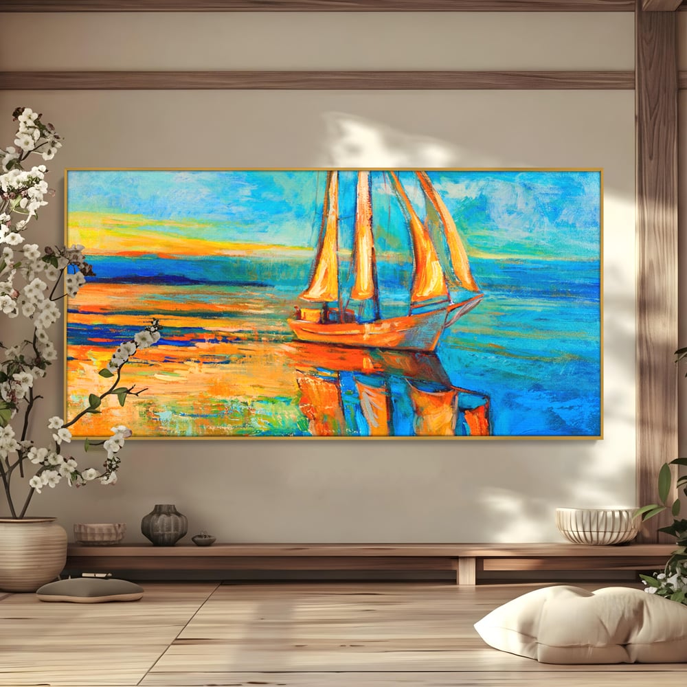 Tablou canvas cu tablou canvas cu barca cu panze pe marea portocalie, in rama de aluminiu auriu