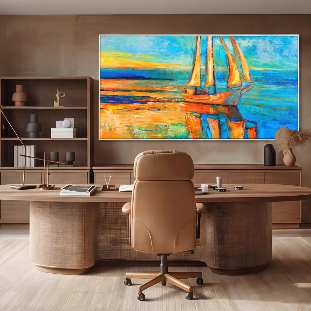 Tablou canvas cu tablou canvas cu barca cu panze pe marea portocalie, in rama de aluminiu argintiu, pe perete intr-un birou