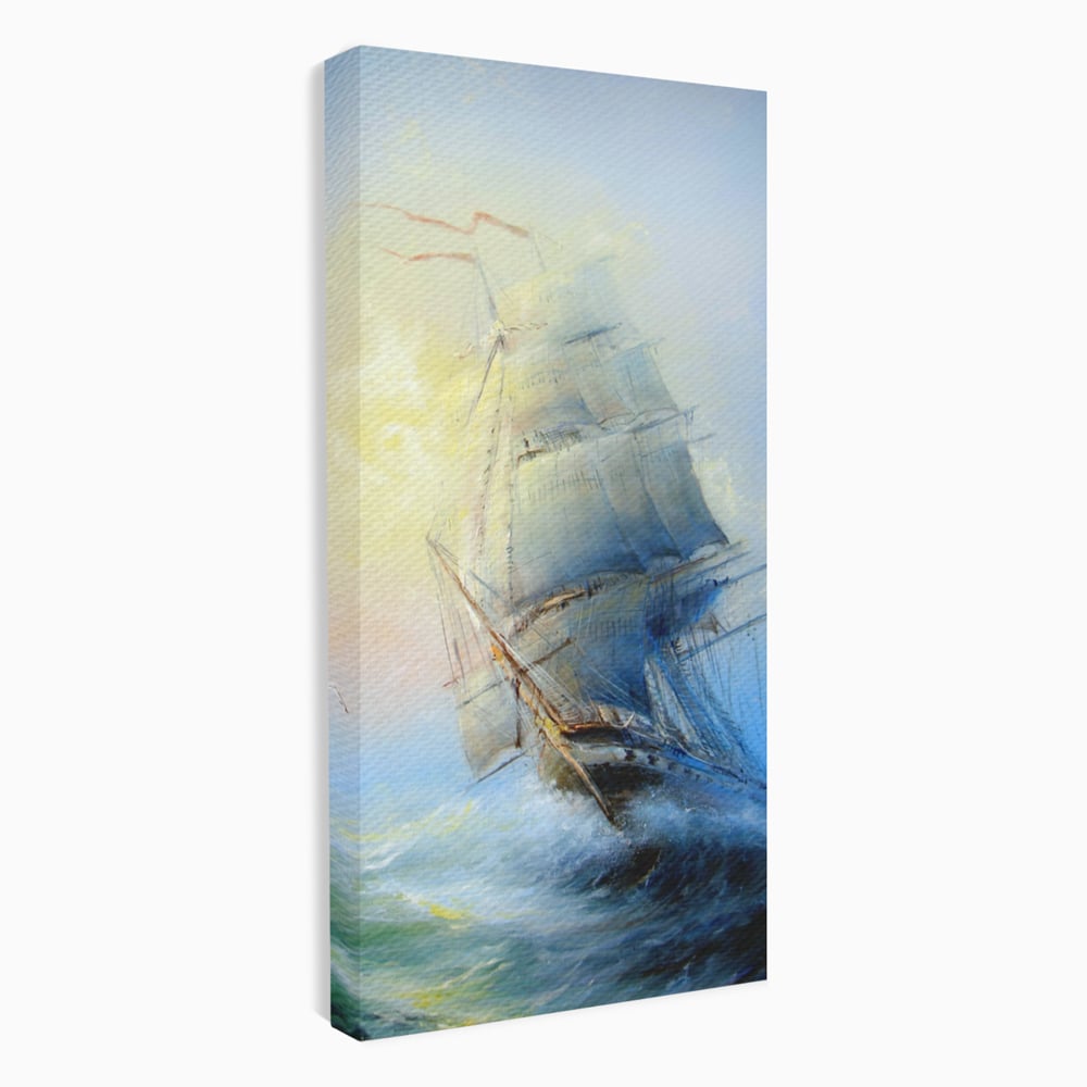 Tablou canvas cu pictura cu vapor pe valuri furtunoase, fara rama, pe sasiu de lemn