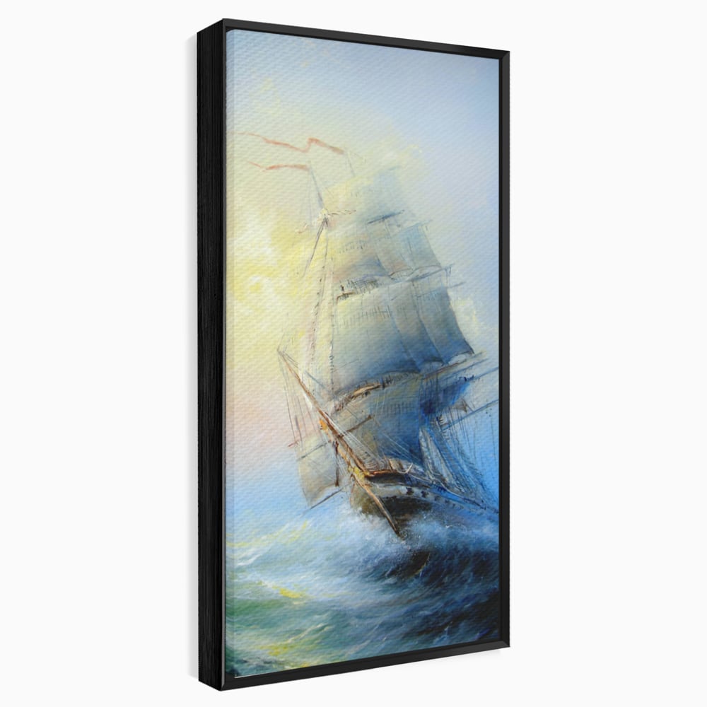Tablou canvas cu pictura cu vapor pe valuri furtunoase, in rama de aluminiu negru