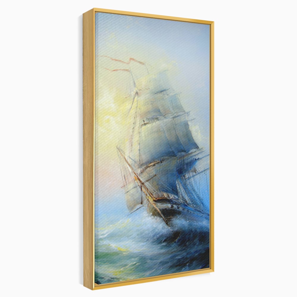 Tablou canvas cu pictura cu vapor pe valuri furtunoase, in rama de aluminiu auriu