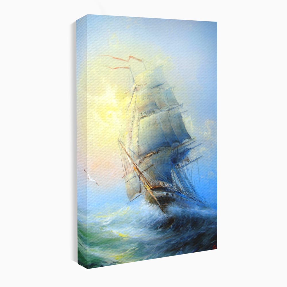 Tablou canvas cu pictura cu vapor pe valuri furtunoase, fara rama, pe sasiu de lemn