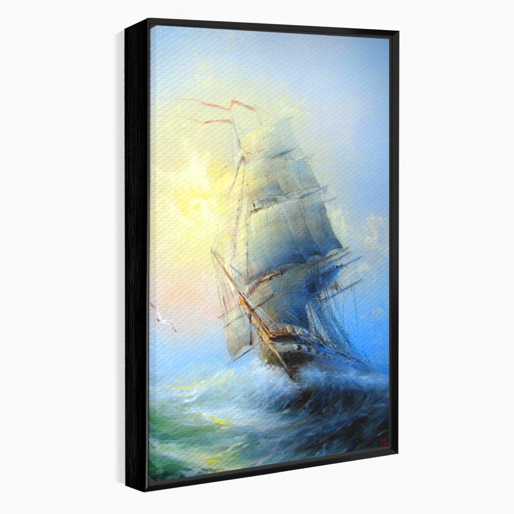 Tablou canvas cu pictura cu vapor pe valuri furtunoase, in rama de aluminiu negru