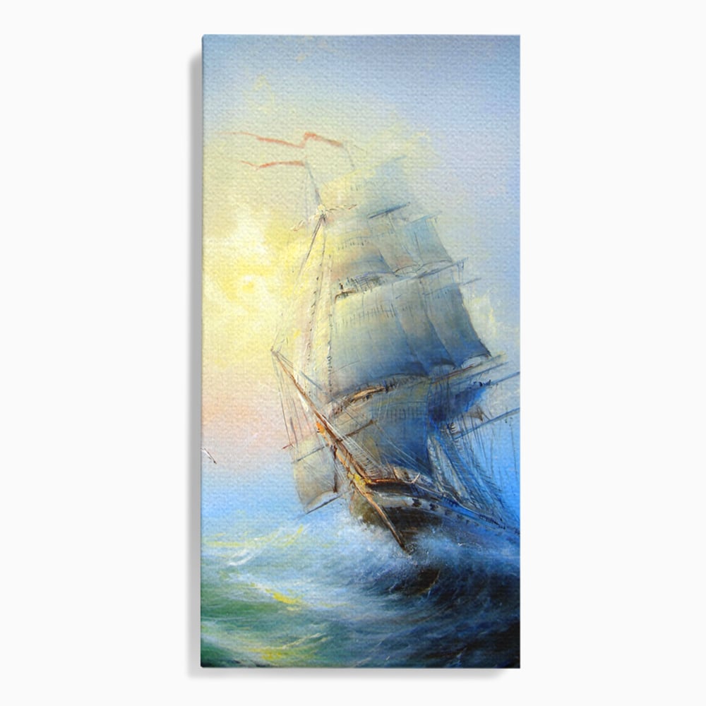 Tablou canvas cu pictura cu vapor pe valuri furtunoase, fara rama, pe sasiu de lemn